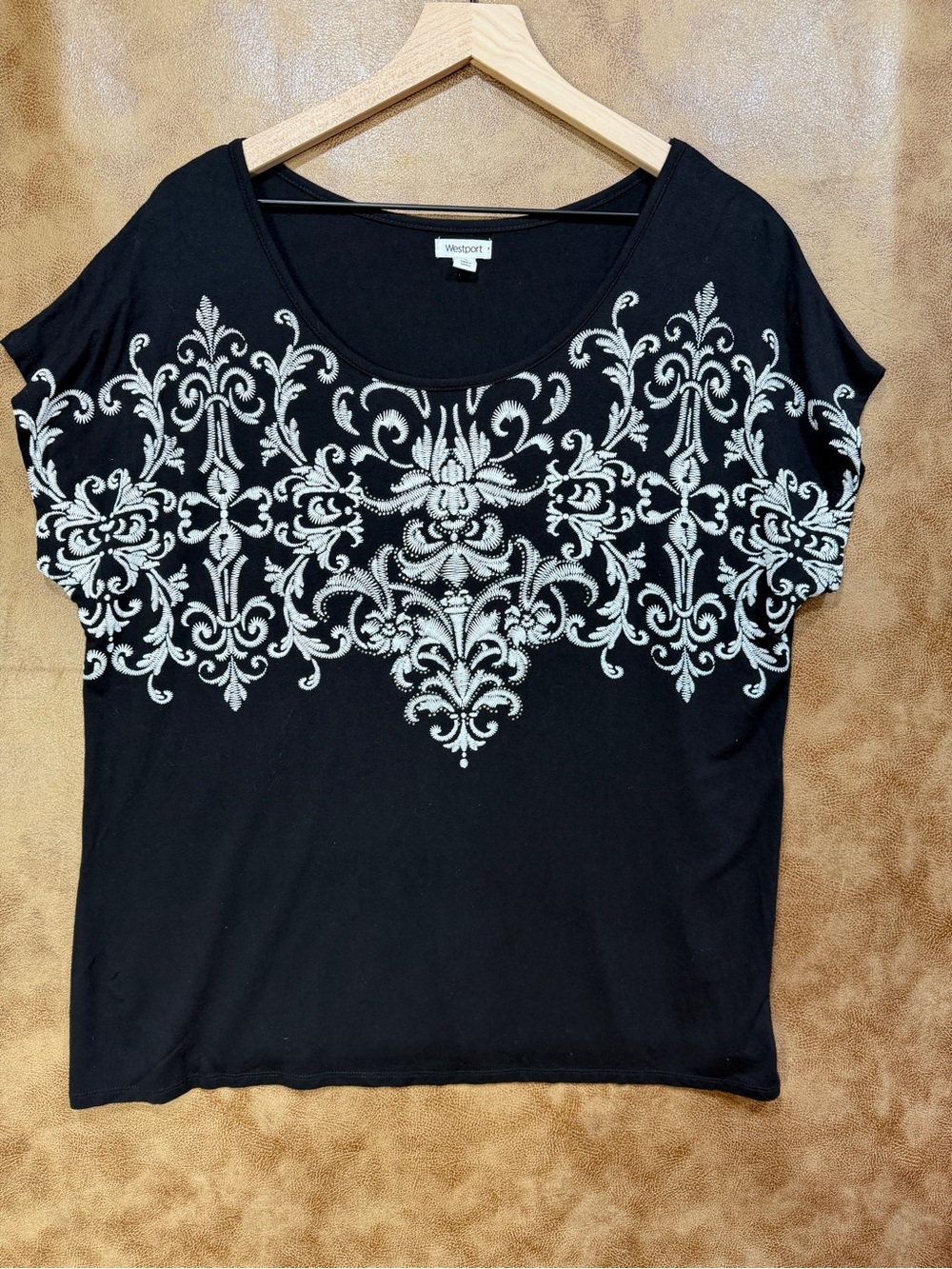 Westport Black Short Sleeve Top with White Ornate Embroidery
